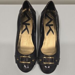 Anne Klein Black Patent Wedges with Gold Buckle